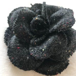 CHANEL dark grey tweed camellia pin